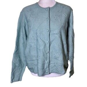 Karen Scott Women Pure Wool Green Floral Embroidered Cardigan Cottagecore XL NWT